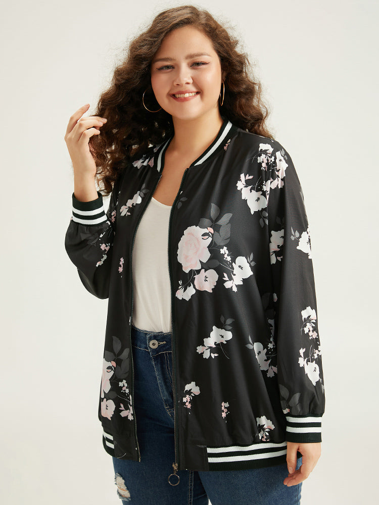 Floral Contrast Trim O Ring Zipper Jacket