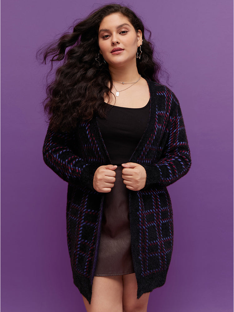 Plaid Contrast Soft Sexy Yarn Knit Fluffy Open Front Cardigan