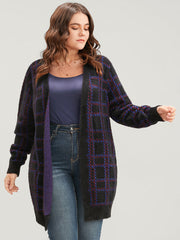 Plaid Contrast Soft Sexy Yarn Knit Fluffy Open Front Cardigan