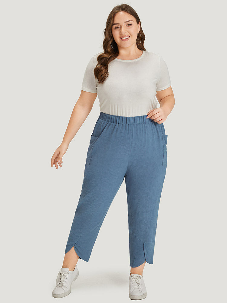 Solid Pocket Elastic Waist Wrap Hem Pants