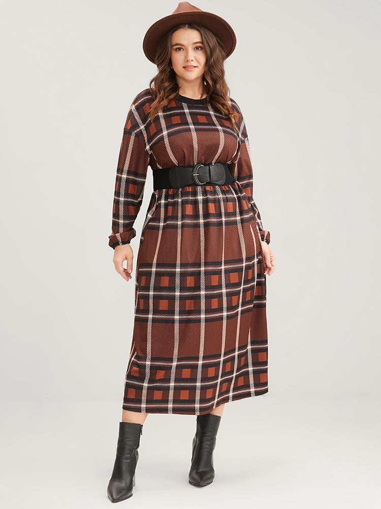 Plaid Patchwork Round Neck Lantern Sleeve Pocket Midi Dress