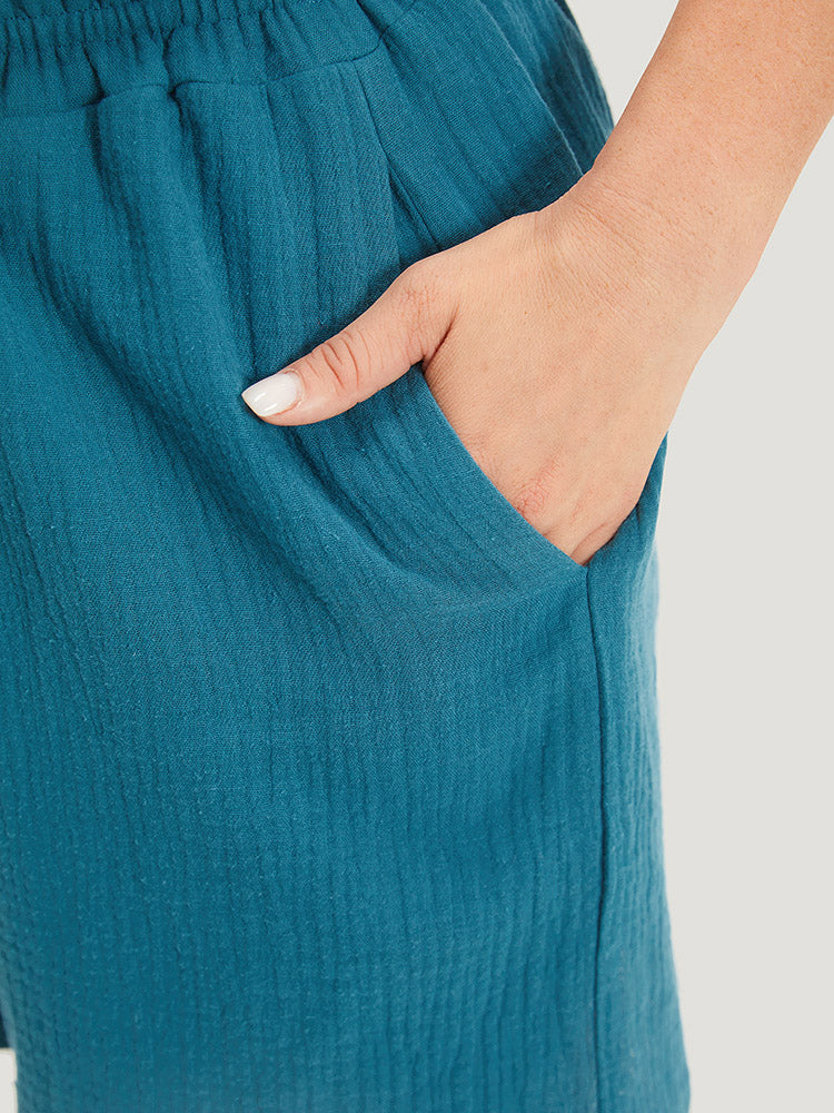 Plain Shirred Pocket Button Detail Shorts