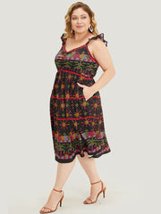 Geometric Print Ruffle Trim Pocket Ruched Detail Cami Dress