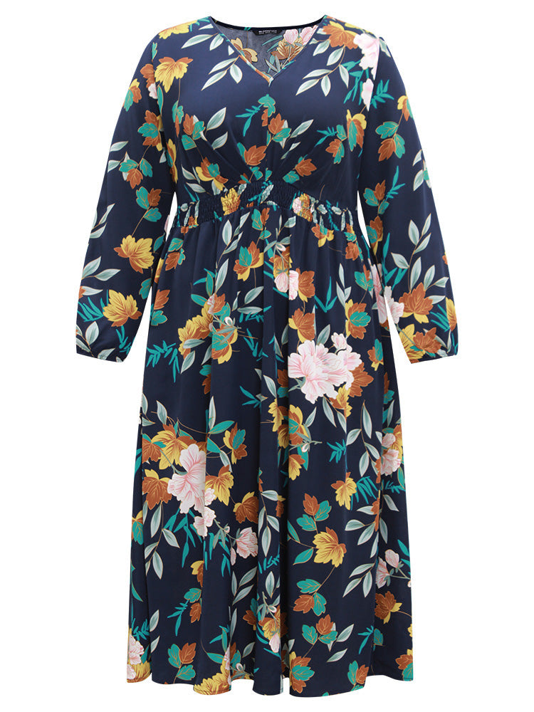 Floral Print Shirred Lantern Sleeve Dress