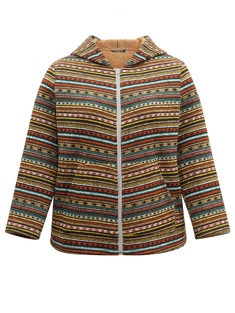 Geometric Bandana Fluffy Hooded Zipper Jacket