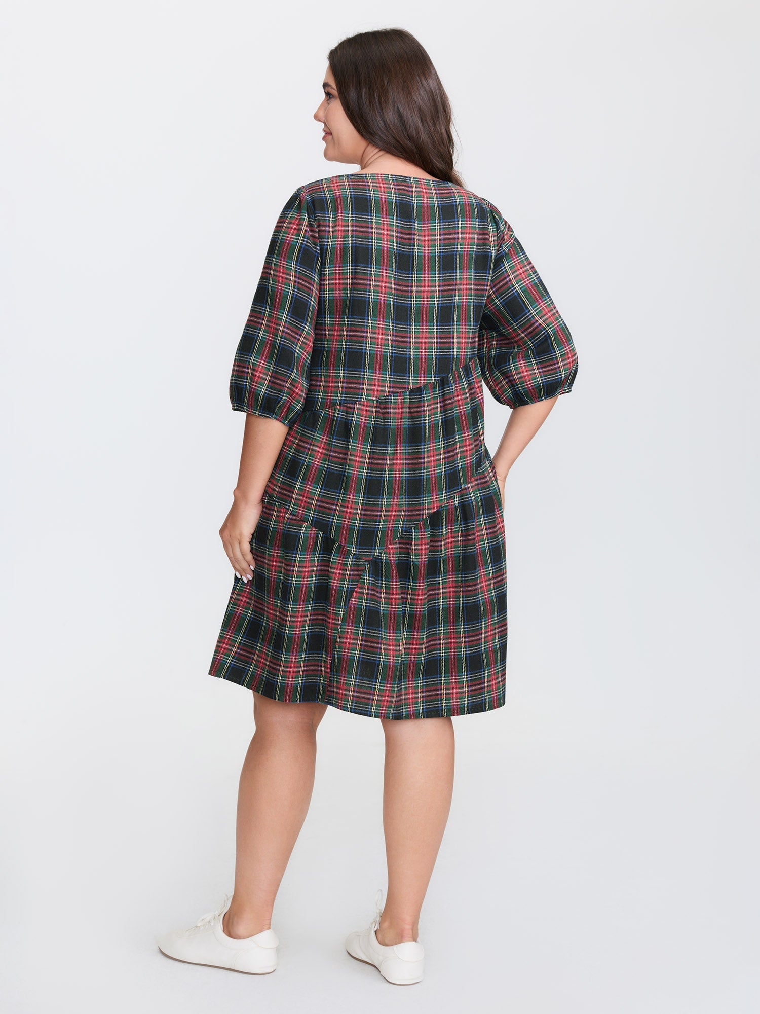Festive Plaid Wavy Trim Midi Dress