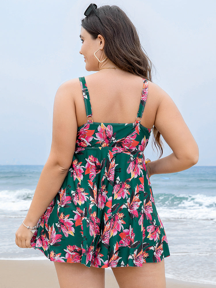 Floral Print A Line Round Neck Ruffle Hem Swim Dress