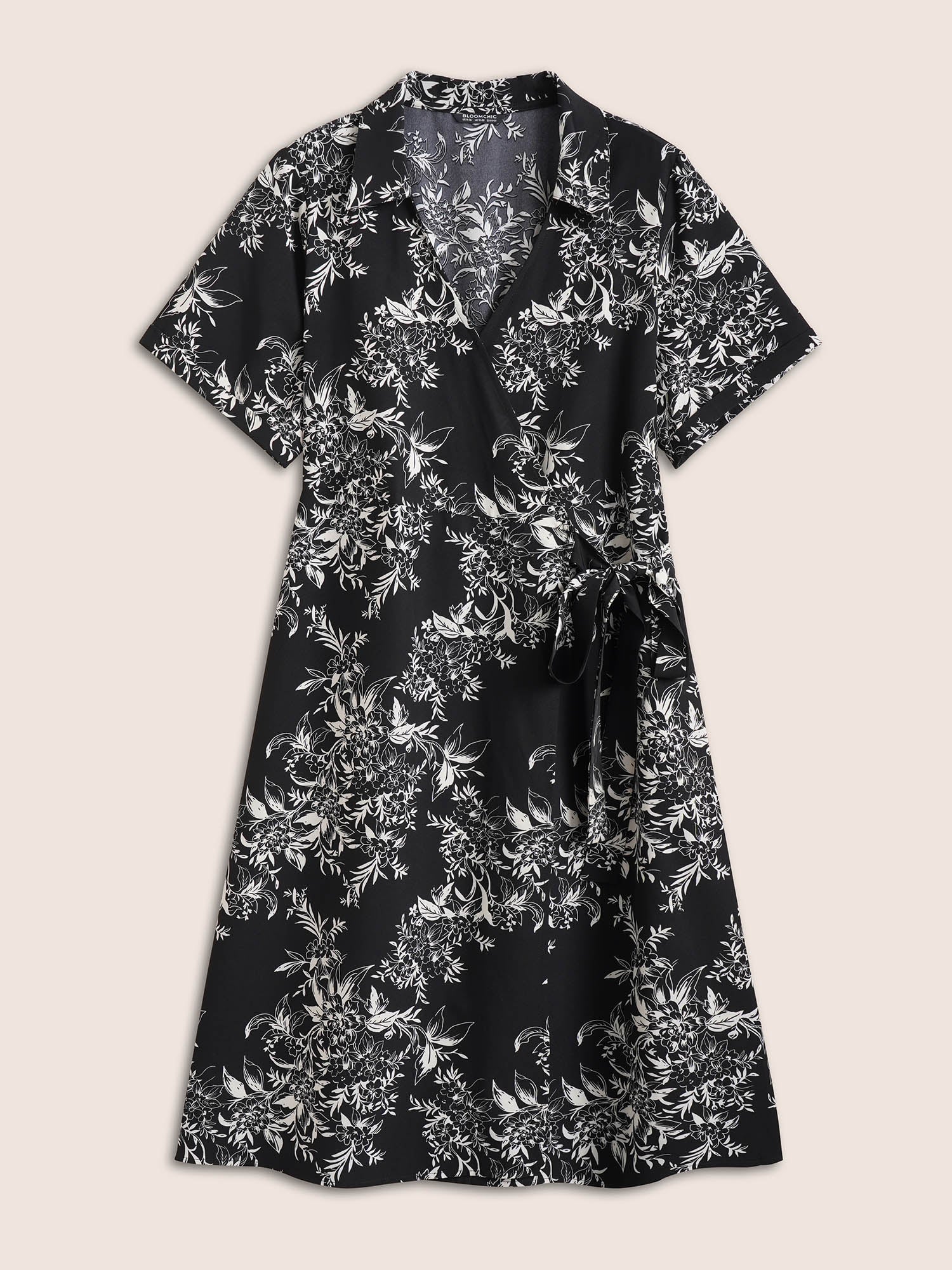 Silhouette Floral Print Ties Lapel Collar Dress