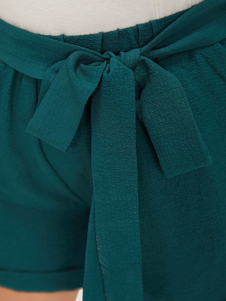 Plain Belted Pocket Roll Hem Shorts