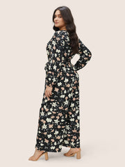Floral Elastic Waist Belted Wrap Jumpsuit