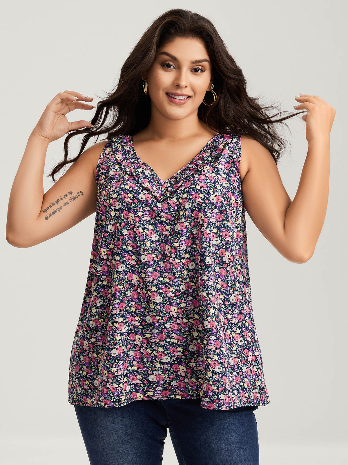 Floral Print Lotus Neck Tank Top