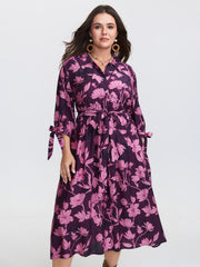 Silhouette Flower Stretchy Waist Tie Midi Dress