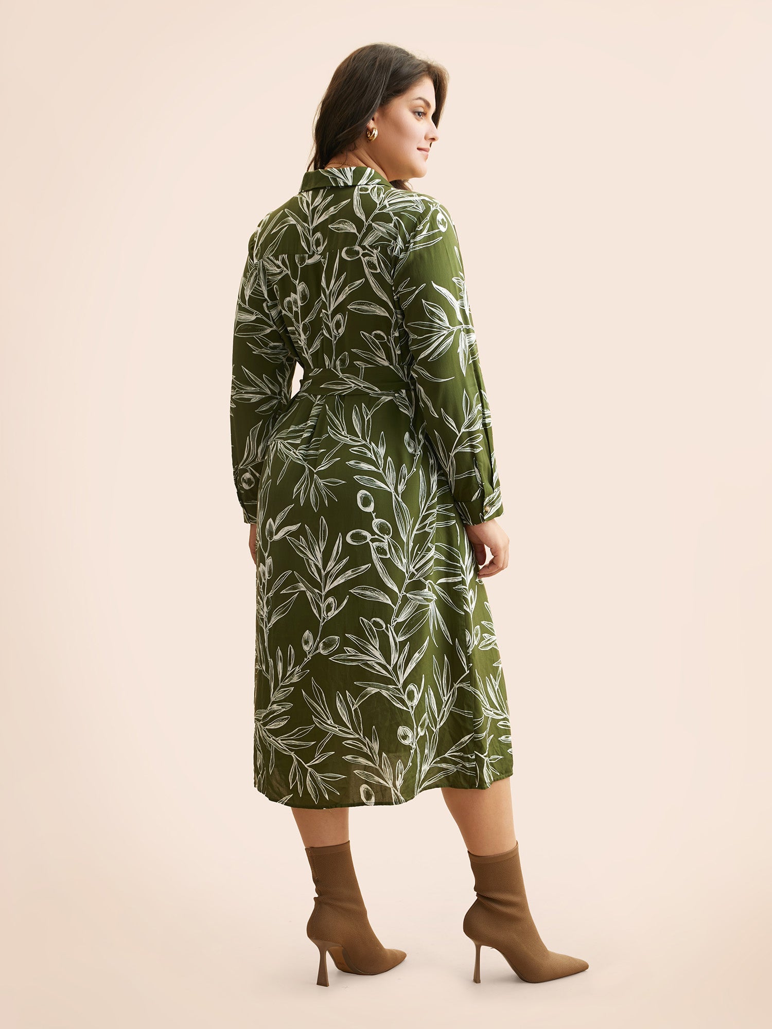 Shirt Collar Plants Print Belted Dress