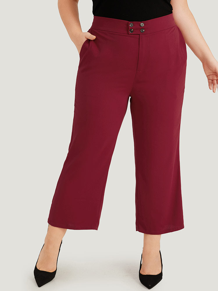 Solid Button Detail Slant Pocket High Rise Pants