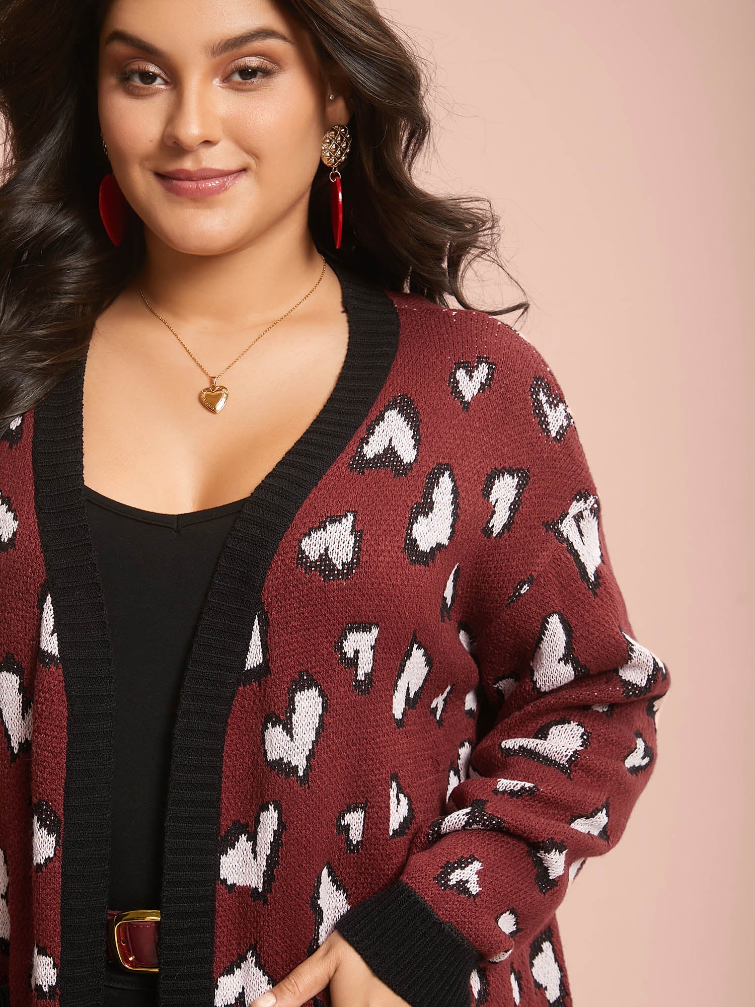 Hearts All Over Open Front Contrast Cardigan
