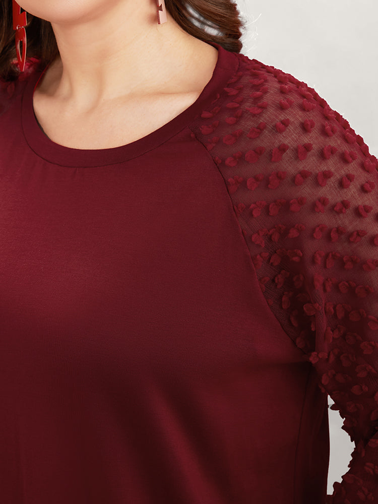 Solid Mesh Patchwork Embroidered Round Neck Long Tee