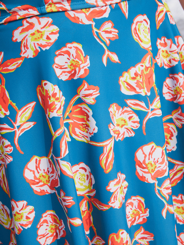 Floral Contrast Crossover Front Ruffles Adjustable Straps Swim Dress