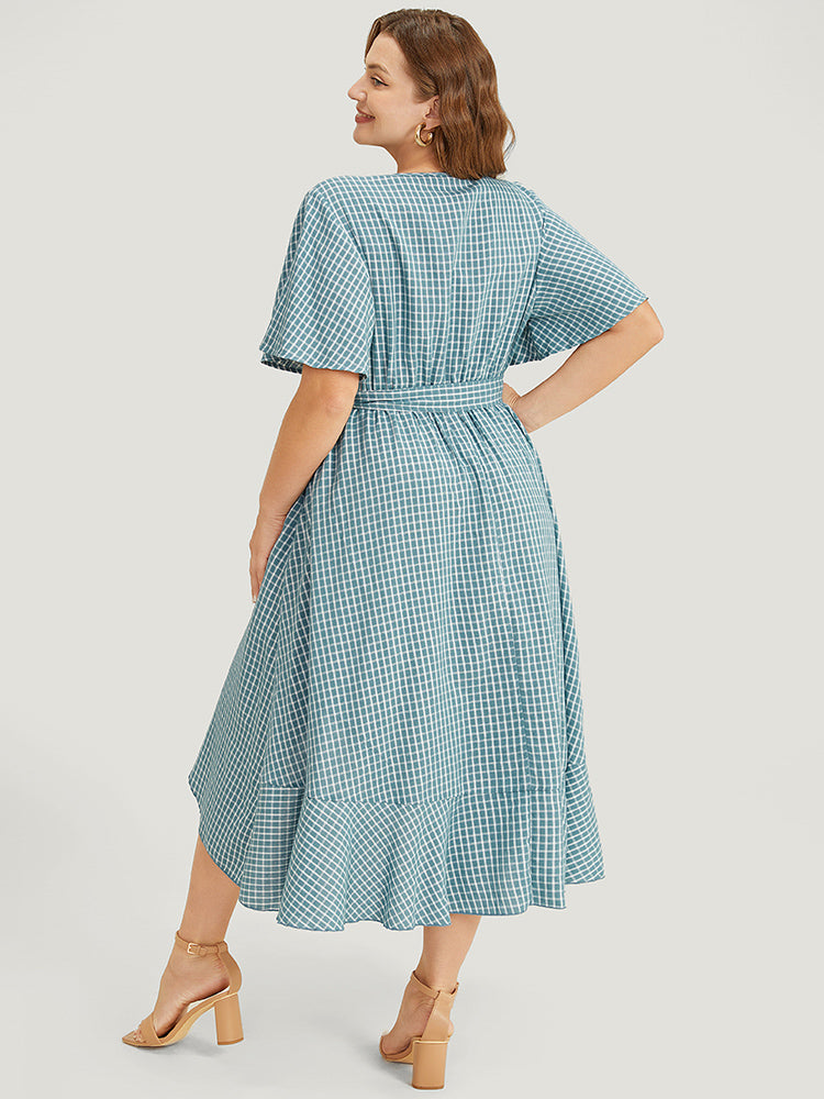 Gingham Pocket Belted Ruffle Trim Surplice Neck Dress