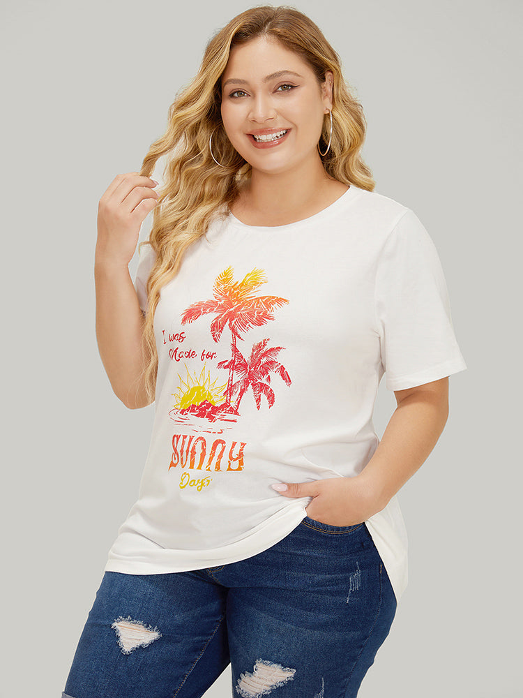 Coconut Tree & Letter Print Drop Shoulder T-shirt