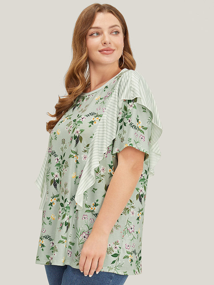 Floral Patchwork Round Neck Striped Ruffle Trim T-shirt