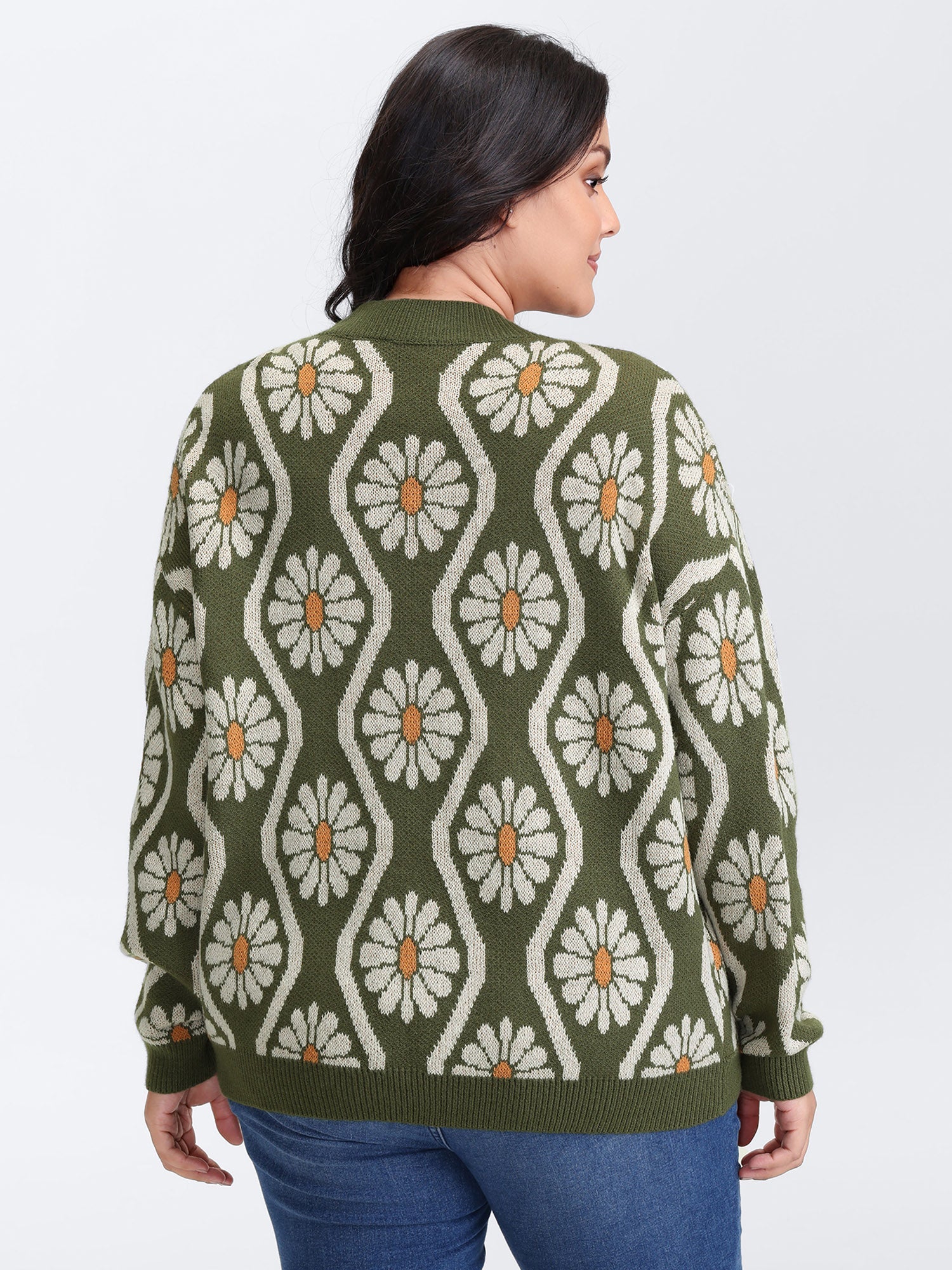 Floral Pattern Jacquard Arc Hem Knit Cardigan