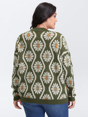 Floral Pattern Jacquard Arc Hem Knit Cardigan