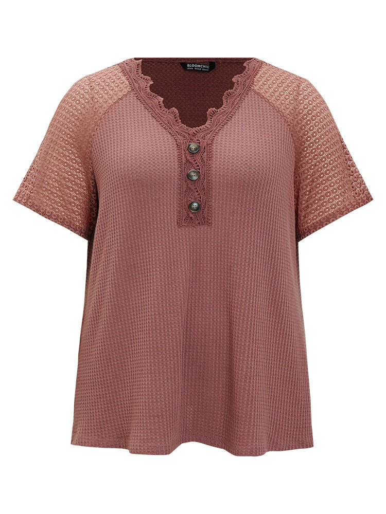 Plain Contrast Lace Raglan Sleeve Button Detail T-shirt