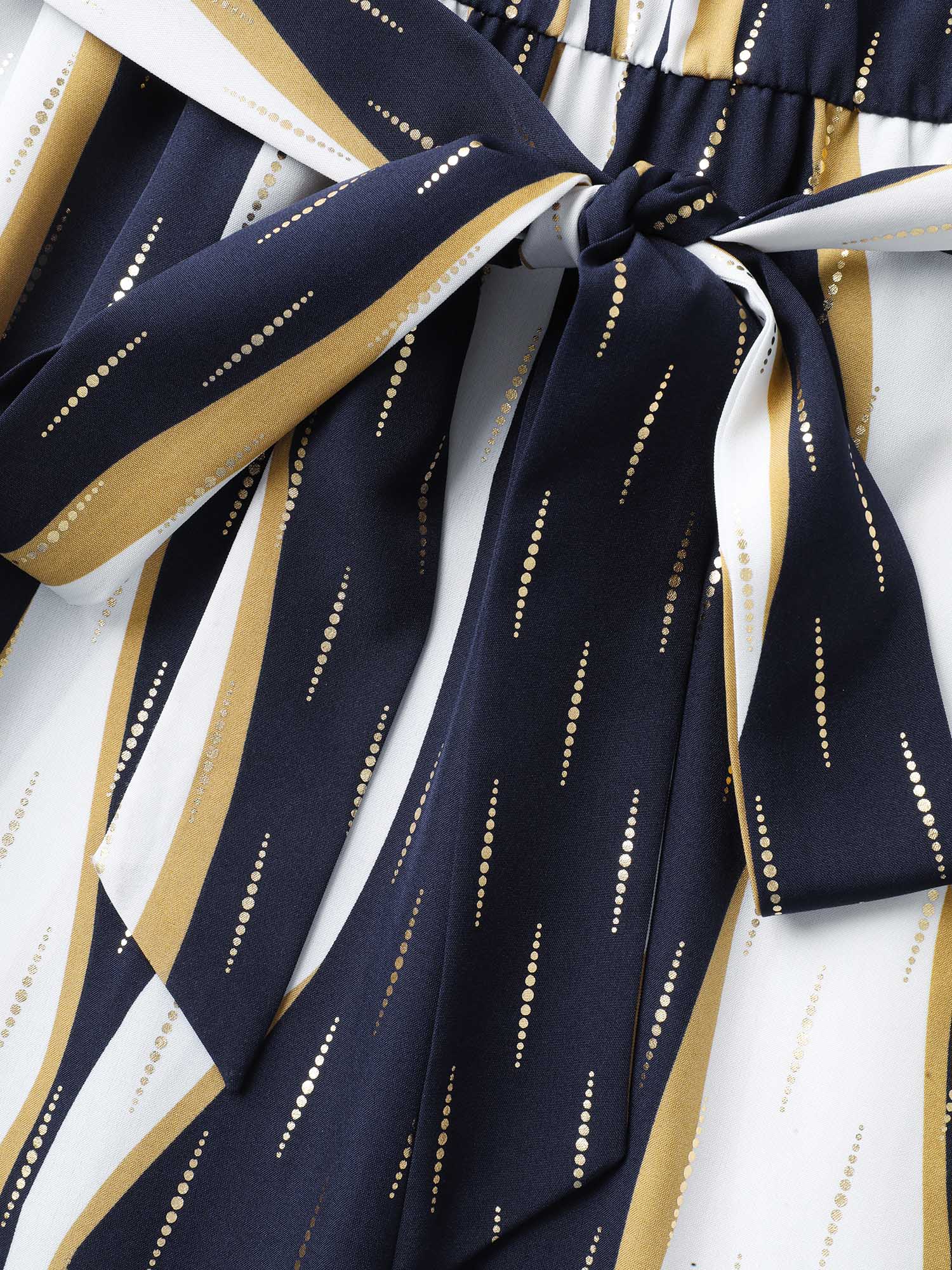 Gold Stamp Wavy Striped Lined Midi Dress