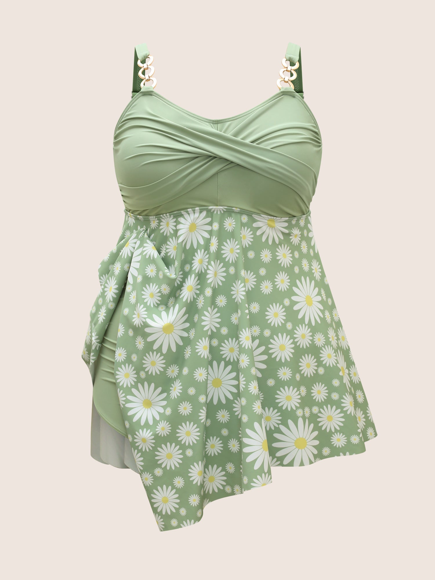Floral Patchwork Twist Front Buckle Detail Swim Dress