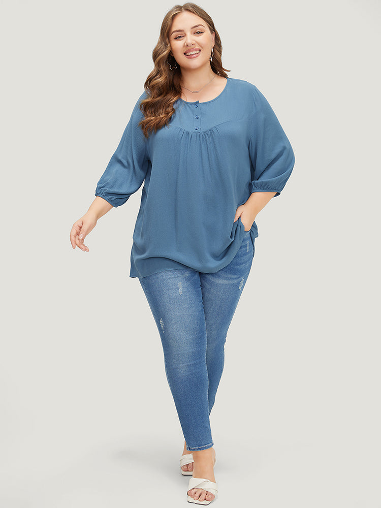 Plain Button Up Gathered Lantern Sleeve Blouse