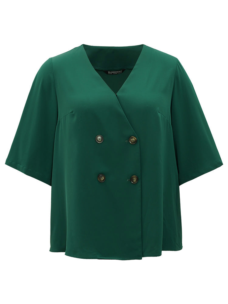 Plain Double Breasted Surplice Neck Flounce Sleeve Blouse