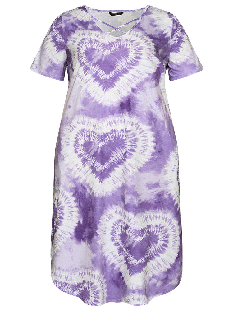 Heart Print Tie Dye Pocket Crisscross Neck Dress