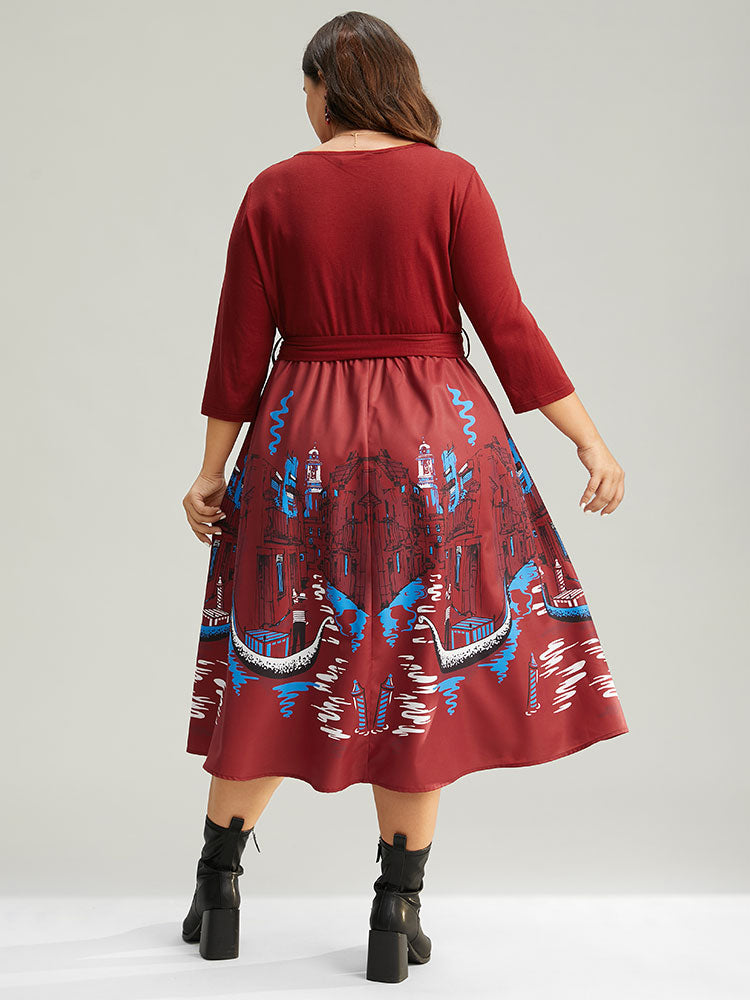 Boho Print Patchwork Belted Gathered Dress