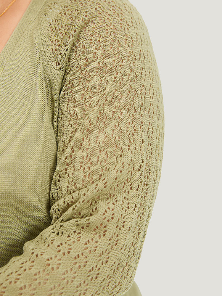Solid Patched Pocket Geometric Eyelet Raglan Sleeve Cardigan