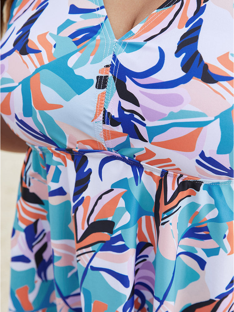 Graphic Print Halter Knot Back Ruffle Hem Tankini Top