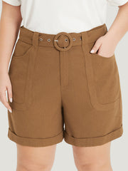 Solid Pocket Belted Roll Hem High Rise Shorts
