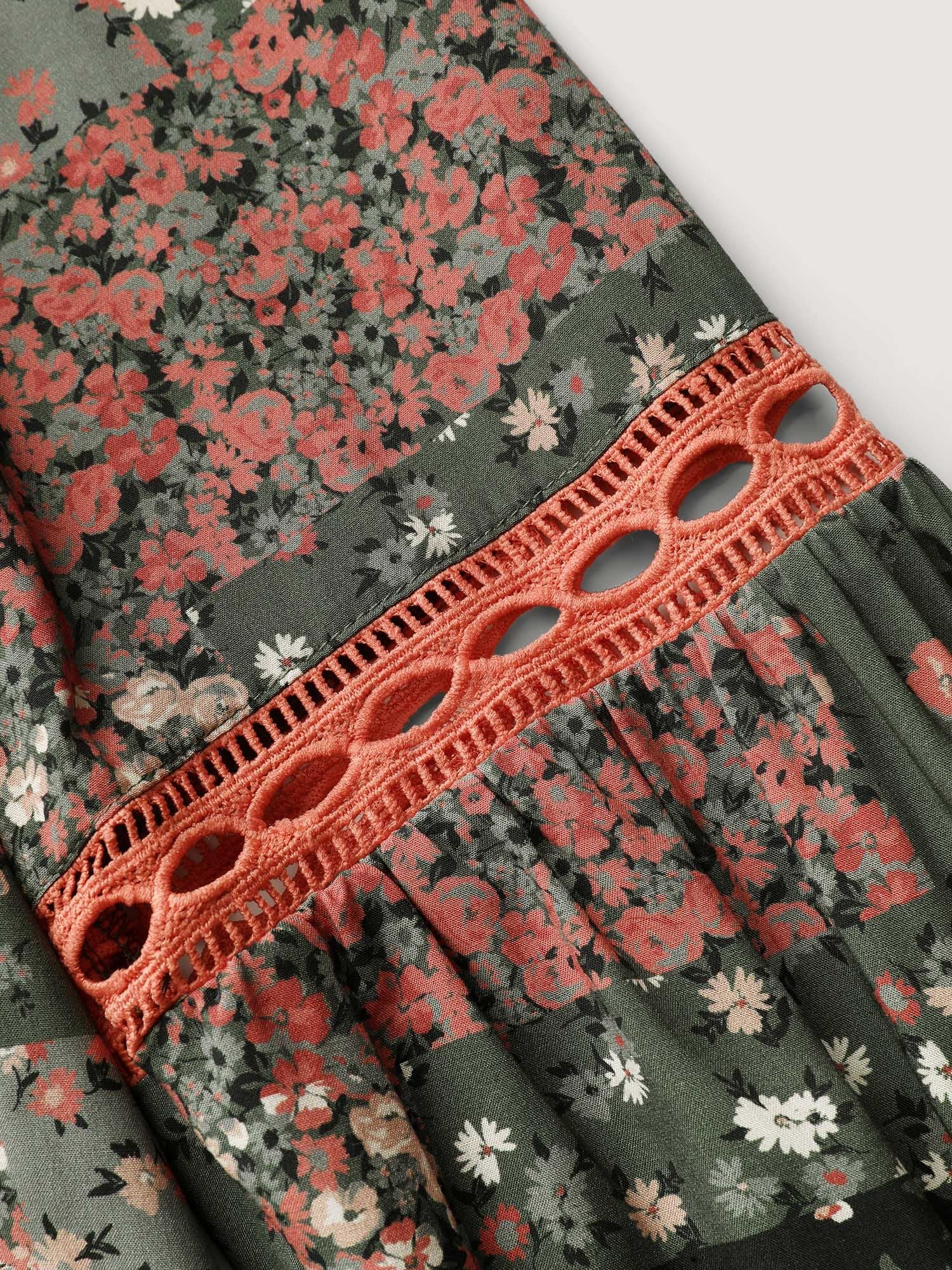 Floral Patchwork Shirred Pockets Midi Dress