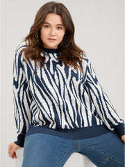 Zebra Print Pointelle Knit Raglan Sleeve Jacquard Knit Top