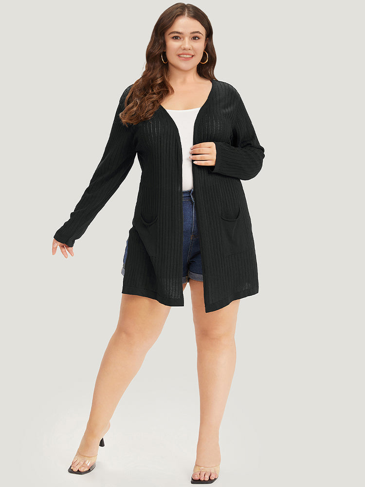 Solid Rib Knit Pocket Lightweight Tunic Cardigan