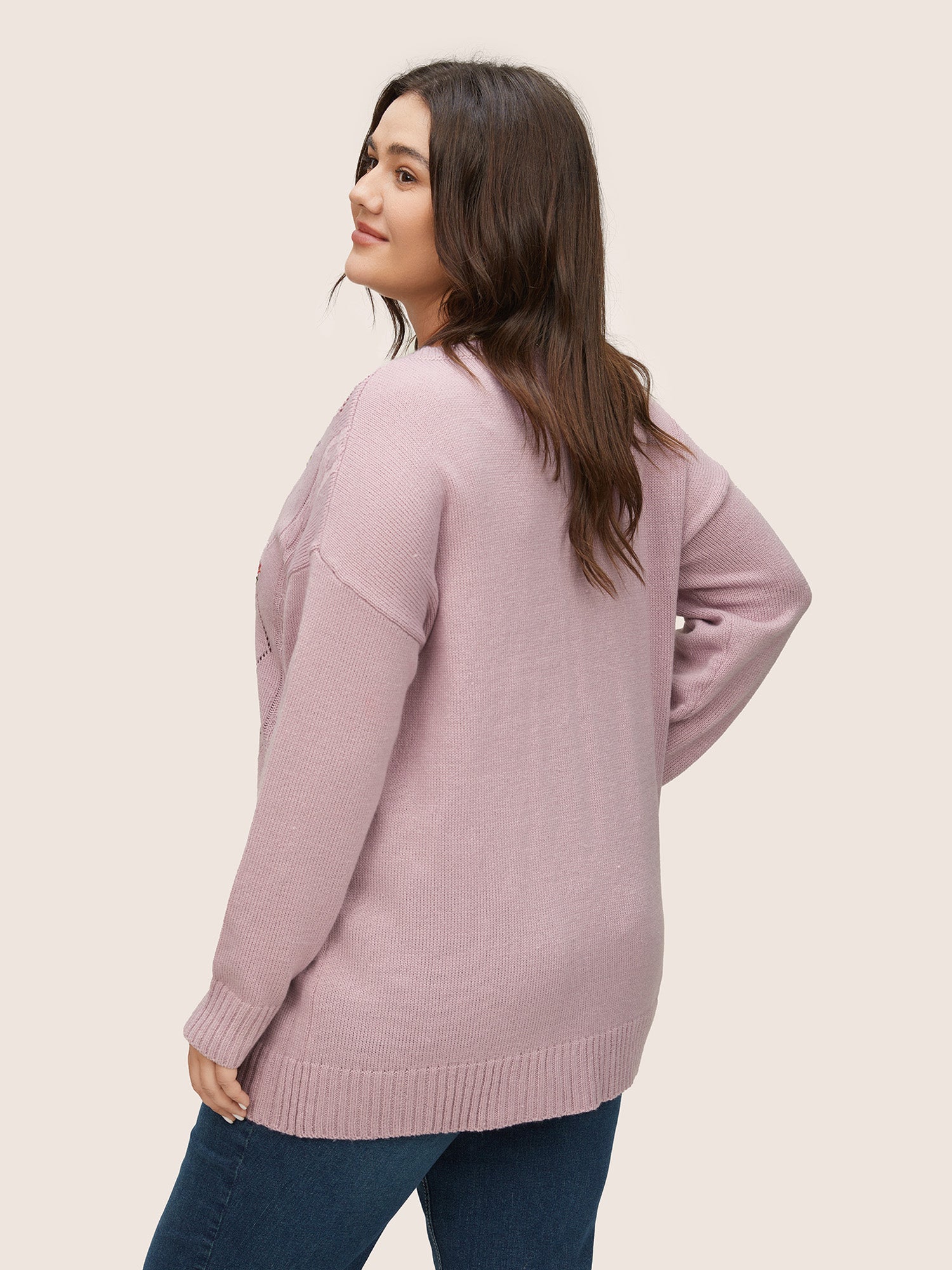 Floral Embroidered Geometric Hollow Out Cable Knit Pullover