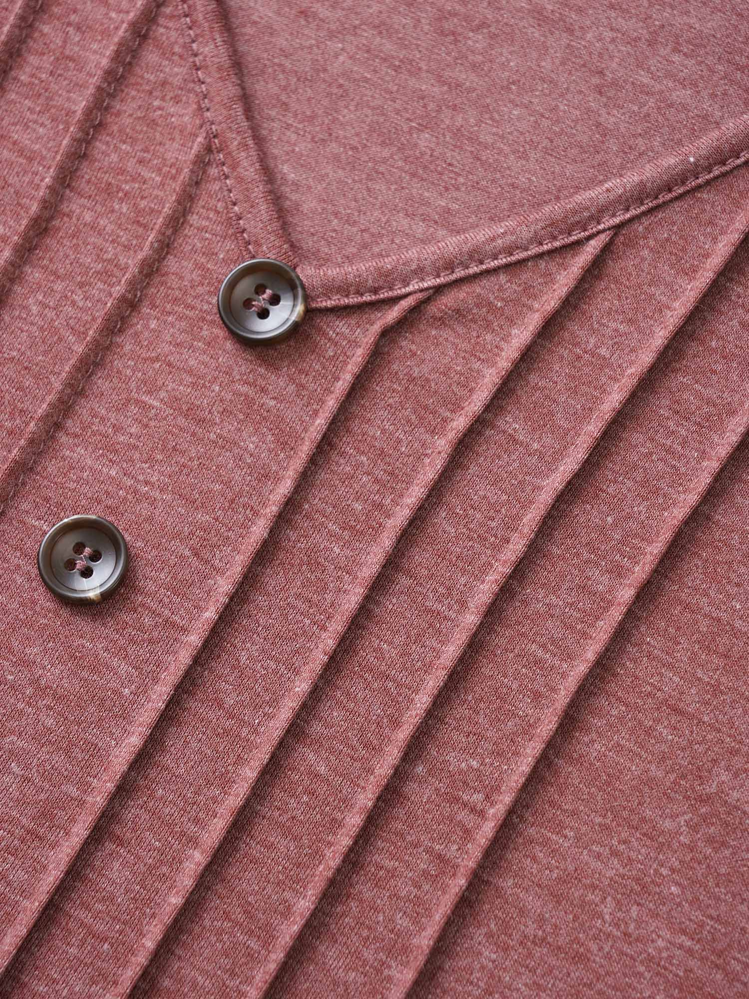 Solid Pleated Front Button Detail V Neck T-shirt