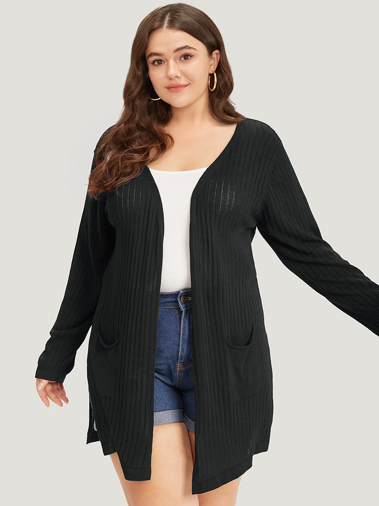 Solid Rib Knit Pocket Lightweight Tunic Cardigan