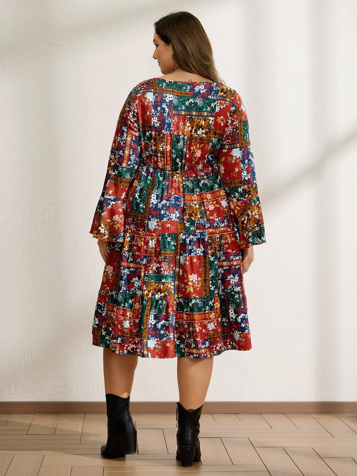 Floral Collage Print Deep V-Neck Midi Dress