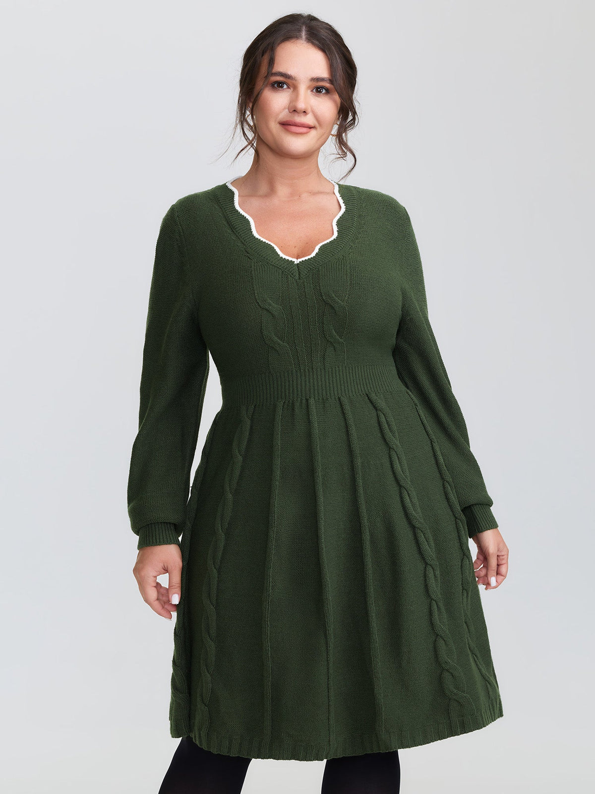 Scalloped V-Neck Fit and Flare Sweater Dress