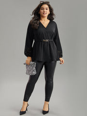 Plain Elastic Waist Buckle Detail Wrap Blouse