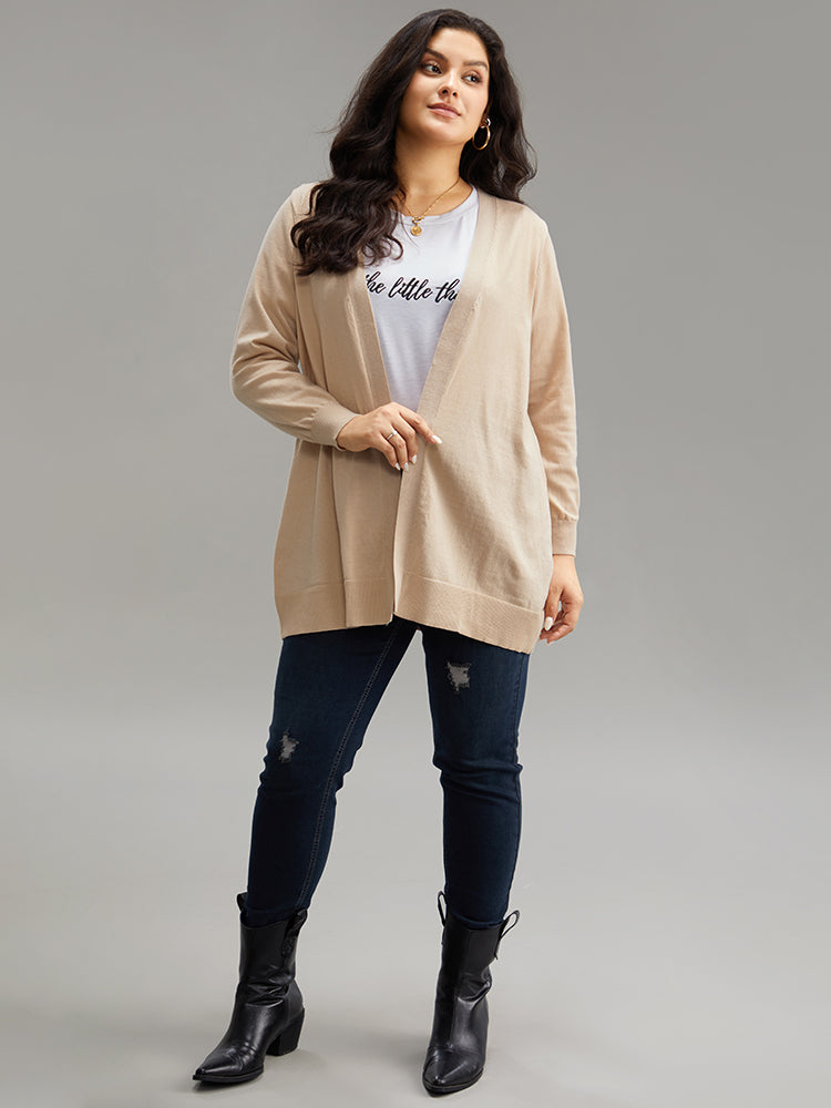 Solid Elastic Cuffs Open Front Cardigan