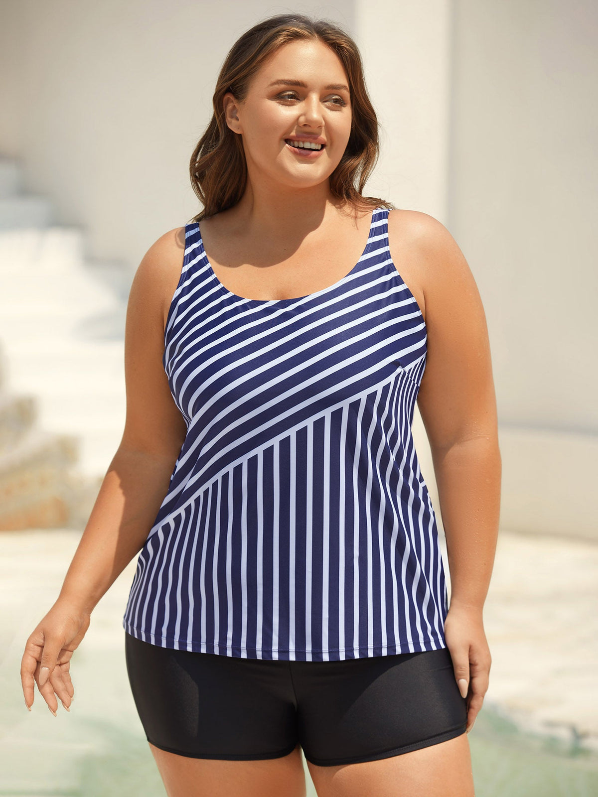Striped Print Non-Removable Cups Swim Tankini