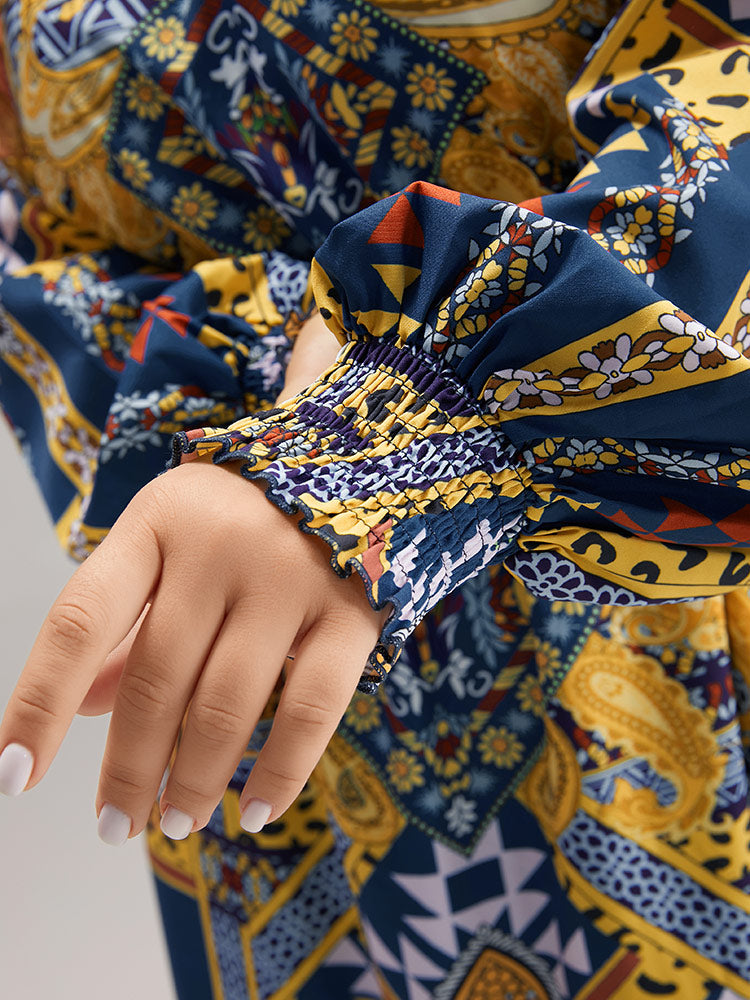 Boho Print Shirred Pocket Ruffle Hem Dress