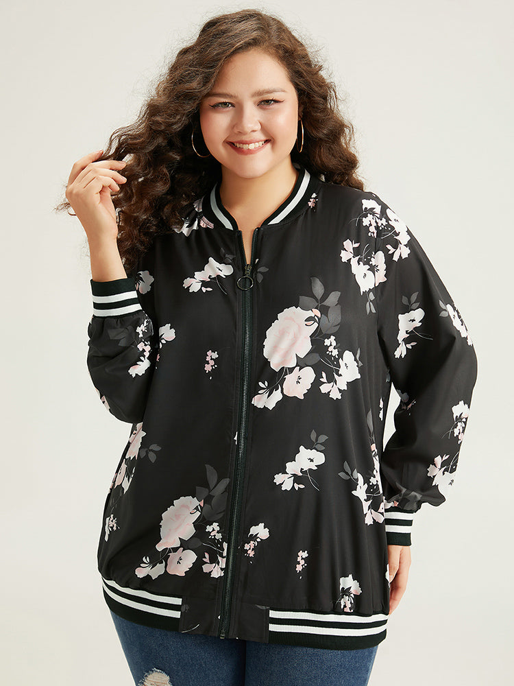 Floral Contrast Trim O Ring Zipper Jacket