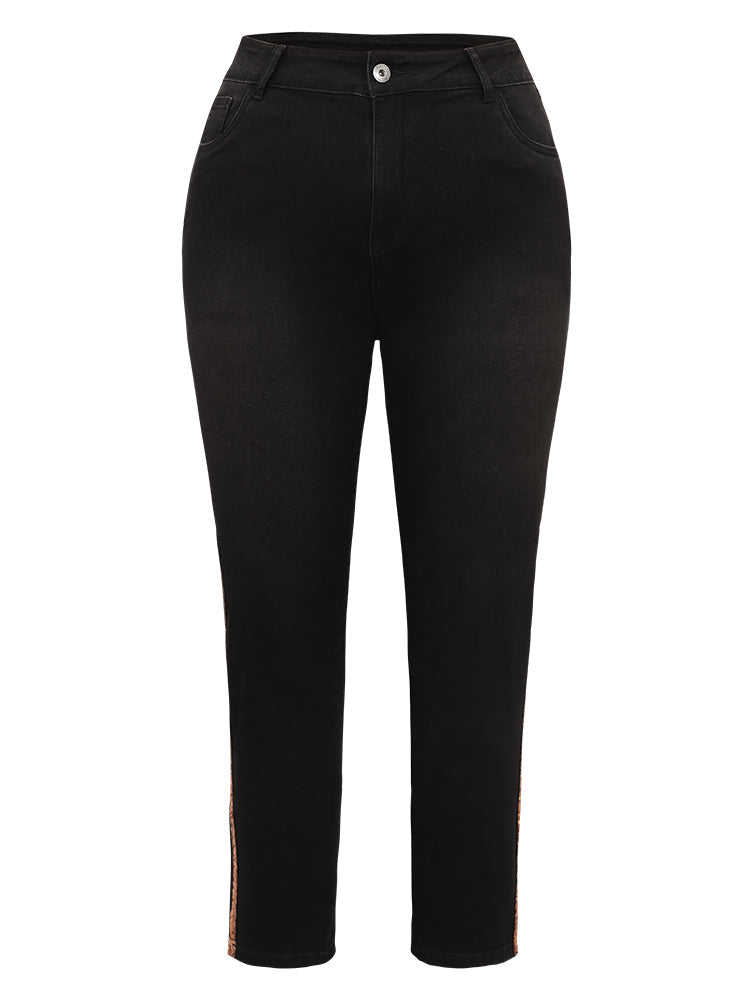 Sequin Patchwork Black Wash Straight Leg Jeans